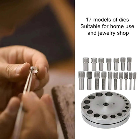 Close-up of hands using Disc Cutter Set Pro Grade 45 Steel Punch Tool with 17 dies for jewelry making; set displayed with dies.