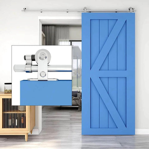 15Ft Stainless Steel Sliding Barn Door Track Kit Top Mount T Hanger Set installed with blue door in room