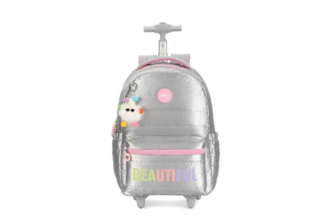 Front view of the 17 Inch Water Resistant Wheeled Laptop Backpack with Convertible Rolling Bag Design in beautiful silver color.