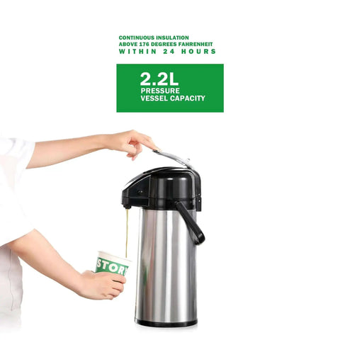 No-Fuss Auto-Filling Commercial Airpot Coffee Brewer 2.2L 74oz, Stainless Steel Thermal Carafe pouring coffee into a cup