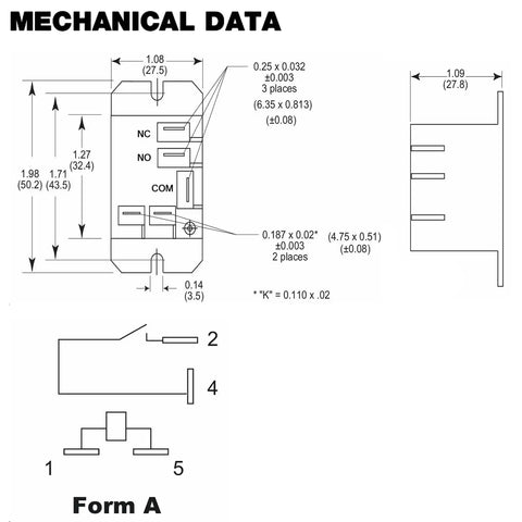 Mechanical diagram of AZ2280 1A 12DF Pack Of 2 Mini Power Electromechanical Relay 12V AC 30A SPST NO with dimensions and form.