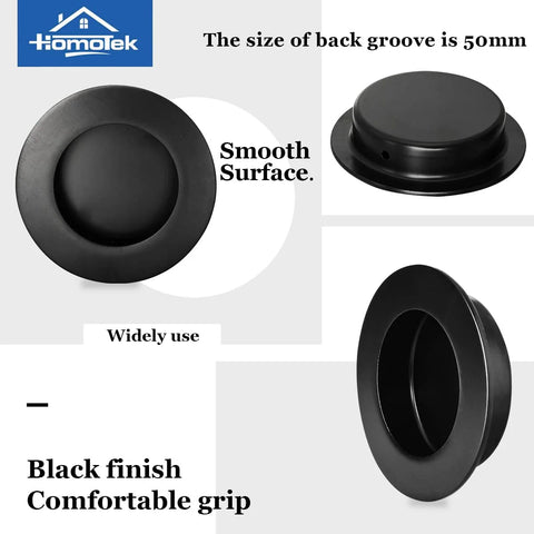 Four Pack Round Sliding Closet Door Handles, 2-1/2 Inch Diameter Black Flush Pocket Pulls For Recessed Bypass Doors, showing components