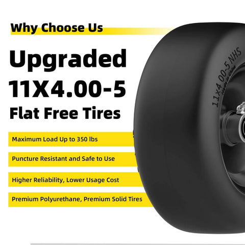 Flat Free 11x4.00-5 Front Lawn Mower Tire And Wheel Set With Solid Polyurethane Core For Zero Turn Mowers, 350 Lb Load