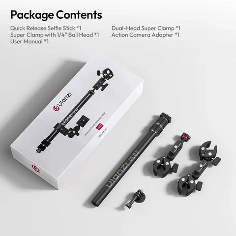 Invisible Quick Release Selfie Stick Motorcycle Mount Kit With 40 Inch Adjustable Extension Pole And Dual Head Clamp
