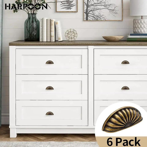 6 Pack Bin Cup Drawer Handles Set For Cabinets And Furniture, Vintage Kitchen Pulls, antique brass handles on white dresser