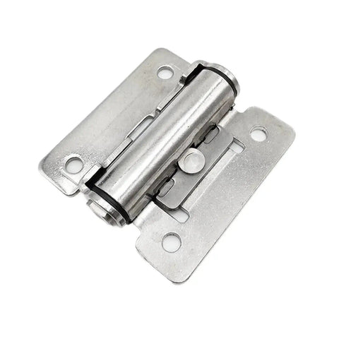 Concealed 90-degree cabinet hinge with mounting plate, silver metal, torque-damping, close-up view