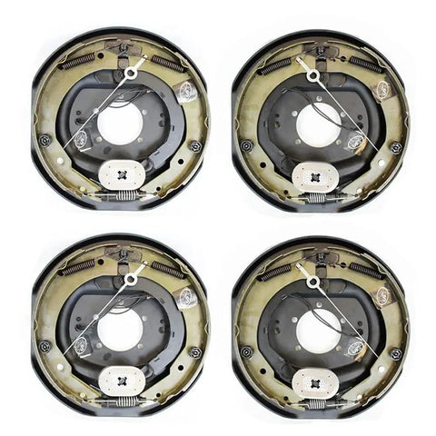 Four TruRyde self-adjusting electric trailer brake assemblies with hardware, 12 x 2 inches, front view