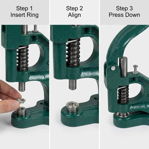 Heavy Duty Hand Press Eyelet Grommet Kit With Three Die Sizes 0 2 4 And 1500 Silver Grommets, easy lever operation steps.