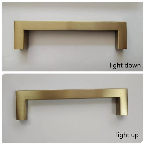 Front view of Champagne Bronze Cabinet Pulls 10 Pack 5 Inch Square Cabinet Handles for kitchen or bathroom drawers, showing light variations.