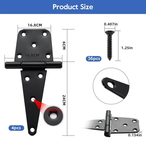 6 Inch T Strap Gate Hinges Heavy Duty With Screws 4 Pack Black Coated Steel Product Dimensions and Screw Details