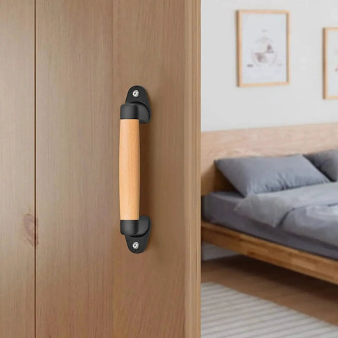 9 Inch Beech Wood Barn Door Pull Handle With Plastic Brackets Smooth Round Edges For Safe Kids Ideal For Barn Doors Installed on Door