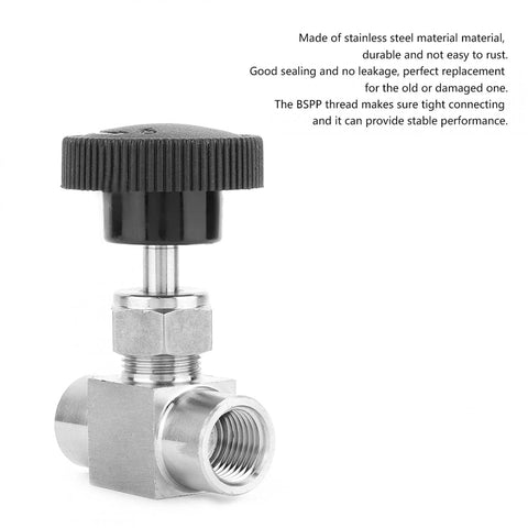 Stainless steel needle valve, 1/4 NPT female x 1/4 NPT female, straight connection, black knurled knob