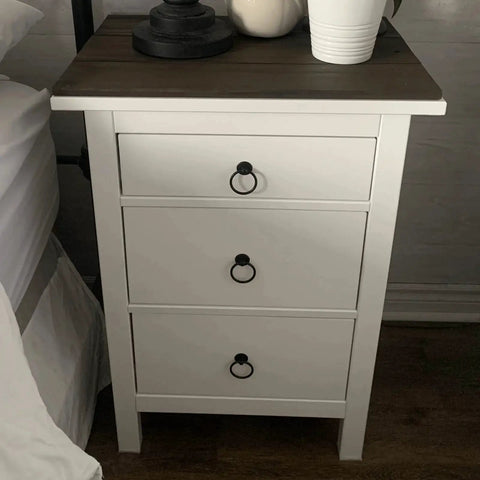 White dresser with three drawers featuring Two Pack Black Iron Cabinet Ring Pulls With Screws In A Single Hole Design For Kitchen Cabinets