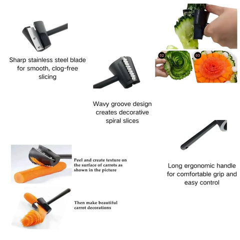 Spiral Vegetable Cutter Set With Stainless Steel Piranha Style Spiral Cutter And Carrot Curler Tool For Potatoes Cucumbers And Carrots in use creating spiral and decorative slices with a stainless steel blade.