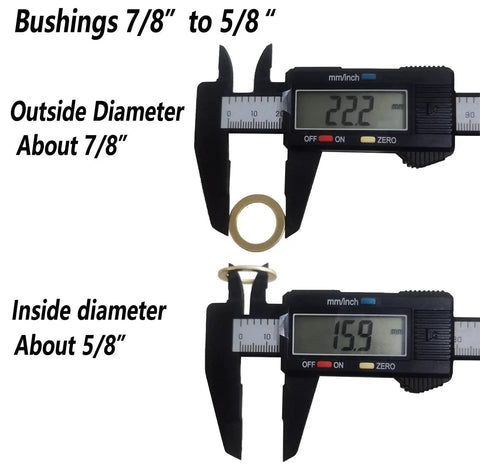 Digital caliper measuring 10 Pcs Saw Blade Bushings 7/8 To 5/8 Inch Brass Ring Adapters showing outside 7/8" and inside 5/8" diameter