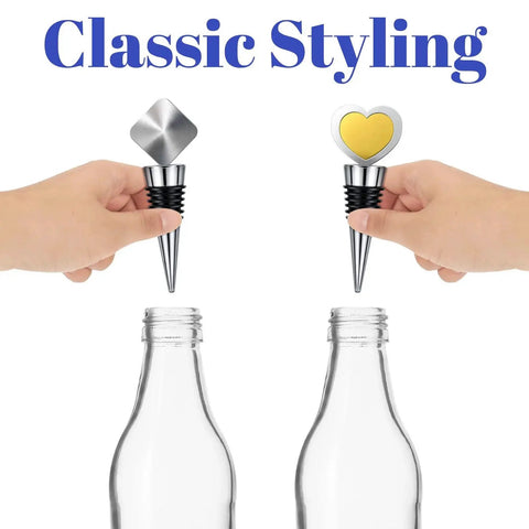 Hands holding 8 Piece Metal Bottle Stopper Kit With Stainless Steel Inserts Reusable Wine Saver For Weddings And Parties Bar Nights.
