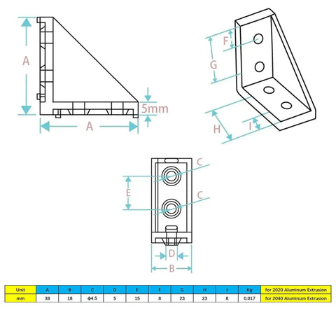 Technical drawing of 2040 Corner Bracket Connector Set 20 Pack Aluminum Extrusion 90 Degree Brackets with measurements in mm