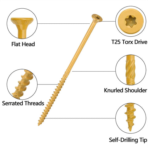 50 Pc Deck Screws Set, 5 Inch #10 Self Drilling Wood Screws With Rust Resistant Coating, Star Torx Drive, details labeled