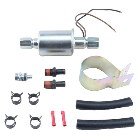 Universal 12V Electric Fuel Pump With Installation Kit SP1141 3/8 Inch Inlet And Outlet 5 To 9 PSI Compatible With Chevrolet Buick Plymouth Pontiac Carbureted Cars Replacement For Airtex E8090 showing components and fittings.