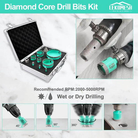 Your Go To Tile Hole Saw Kit With Diamond Core Drill Bits For Porcelain Ceramic Marble Brick And Concrete Sizes 6mm 8mm 10mm 25mm 35mm 50mm 65mm 100mm Plus 20mm Finger Bit And 50mm Chamfer Bit With Triangle Shank displayed in a case.
