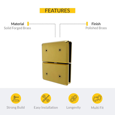 Front view of Adjustable Glass To Glass Pivot Hinge For Overhead Transom Frameless Shower Doors Solid Forged Brass With Polished Brass Finish