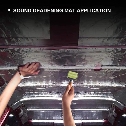 Hands using Bearings Equipped Seam Roller For Automotive Car Audio Sound Deadening And Heat Abatement Mat Wallpaper Application