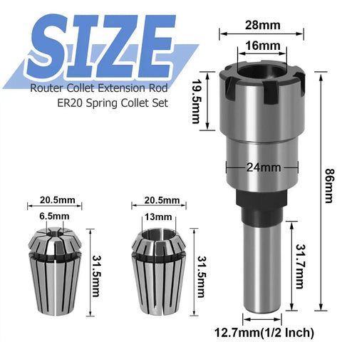 Half Inch Shank ER20 Router Collet Extension Rod and ER20 Spring Collet Set with dimensions for woodworking and CNC projects.