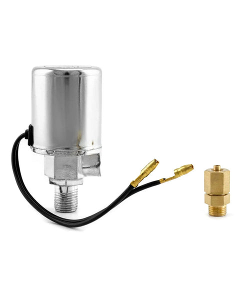 Beefy 12V Air Solenoid Valve For Cars And Trucks, One Quarter Inch NPT Inlet, Chrome plated, side view with connectors shown