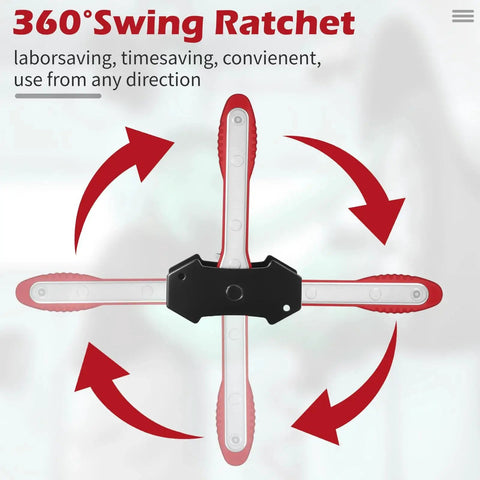 Brake caliper compression tool with magnetic plates and 360° swing ratchet; cross-shaped steel arms, red and silver.
