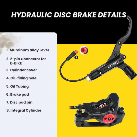 Hycline eBike hydraulic disc brake kit with black aluminum lever, dual-piston caliper, and 2-pin sensor