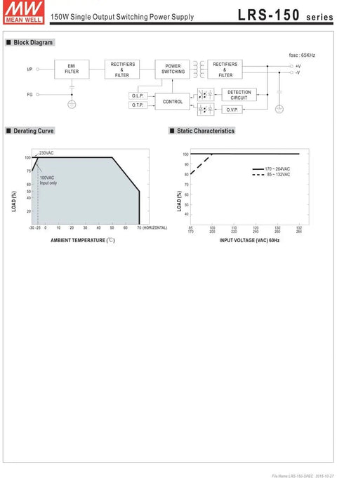 Diagram and characteristics of 24V 6.5A 156W Switching Power Supply LRS-150-24, Single Output, 1U Low-Profile Industrial PSU