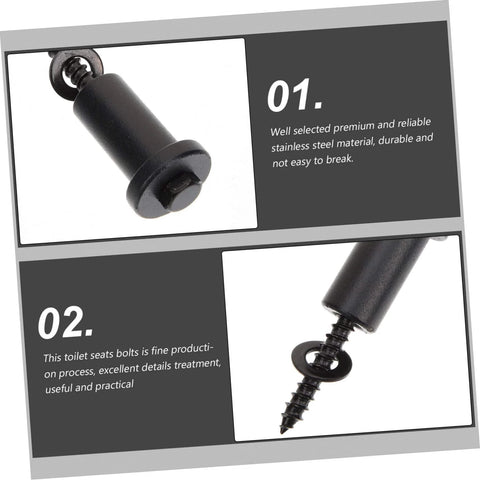 Close-up of stainless steel toilet seat bolts showing screw thread and cap design.