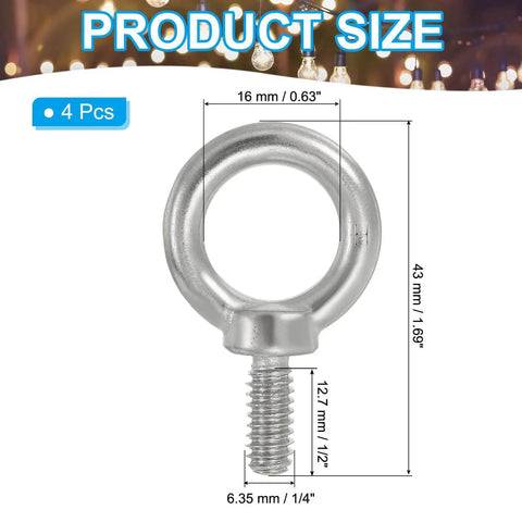 4 Pack 1/4-20 UNC Eye Bolts 304 Stainless Steel Marine Grade Eyebolts With Ring dimensions diagram