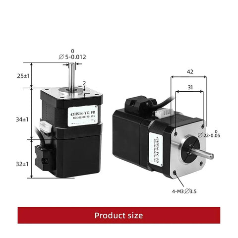 Two Huayong 42HS34-YC-PD NEMA17 stepper motors, front and side views, 12V, 28 Ncm torque.