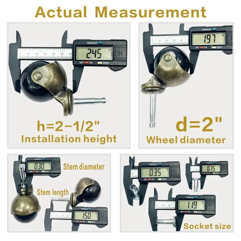2 Inch Antique Brass Casters Set Of 4 Heavy Duty Ball Caster Wheels With Sleeve Plugs measurements displayed with calipers