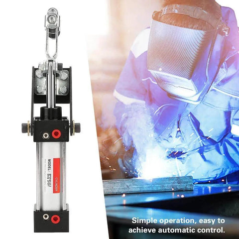 Heavy Duty Pneumatic Clamp Cylinder 300mm Reach for Welding, Fixtures and Industrial Jigs, front view with welder