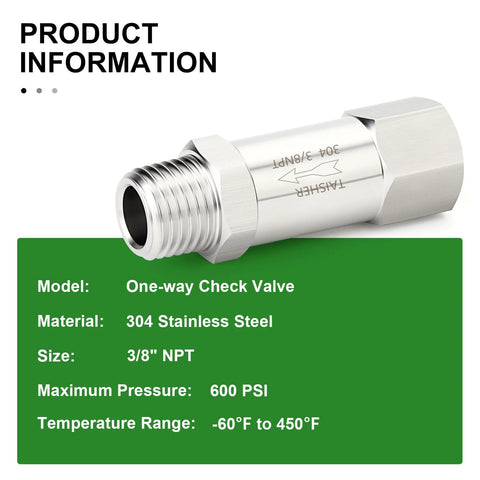 TAISHHER 304 stainless steel one-way check valve, 3/8 in NPT male to female, backflow prevention.