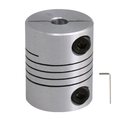 Shaft coupler for CNC stepper motor, aluminum, 5x8mm, with two set screws and Allen wrench