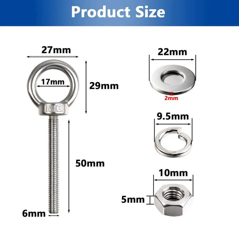 10 Pack M6 x 50mm Eyebolts With Nuts And Washers, Stainless Steel, Marine Grade, for DIY Projects and Outdoor Use, detailed measurements
