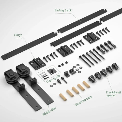 24 Inch Bi Folding Barn Door Hardware Kit For Two Doors Side Mounted Heavy Duty Track Roller Kit With Nylon Rollers And Steel Track Holds Up To 330 Lbs Quiet Smooth Operation Easy To Install Black Finish For Closets And Rooms