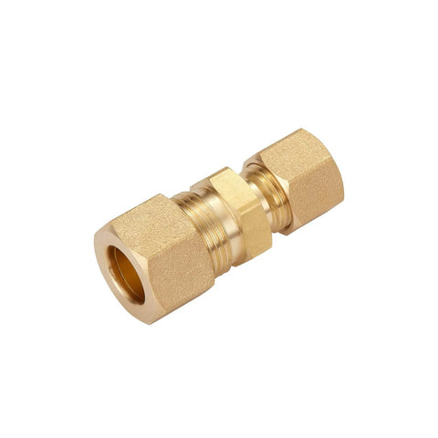 Brass compression union fitting with two hex nut ends, 3/8 in. x 1/4 in. tube OD for fuel/brake lines