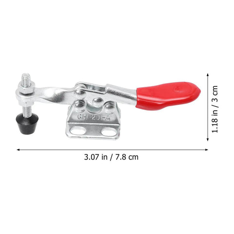 Four Piece Quick Toggle Clamps Set For Horizontal Push-Pull Fast Locking with red handle and steel construction, front view.