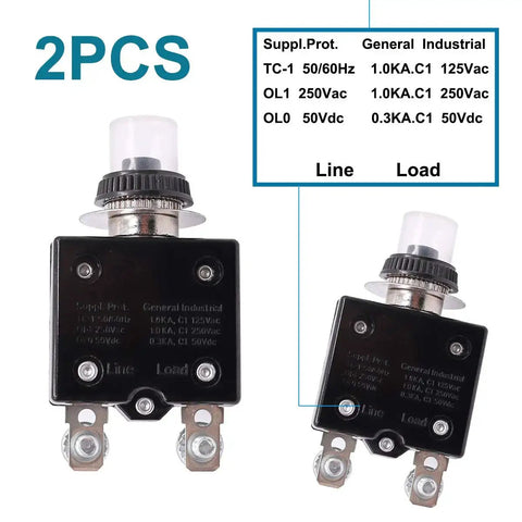 Two Pack 20A Push Button Resettable Circuit Breakers For 125 To 250V AC And 50V DC L1 Series with waterproof button caps