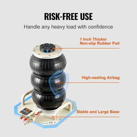 Beefy Triple Bag Air Jack For Cars, 3 Ton Pneumatic Lift With Six Steel Pipes, Raises Up To 17.7 Inches In 3 To 5 Seconds, Stable And Fast Lift Jack For Garage Auto Repair And Vehicle Maintenance displaying non-slip rubber pad, high-sealing airbag, stable base.