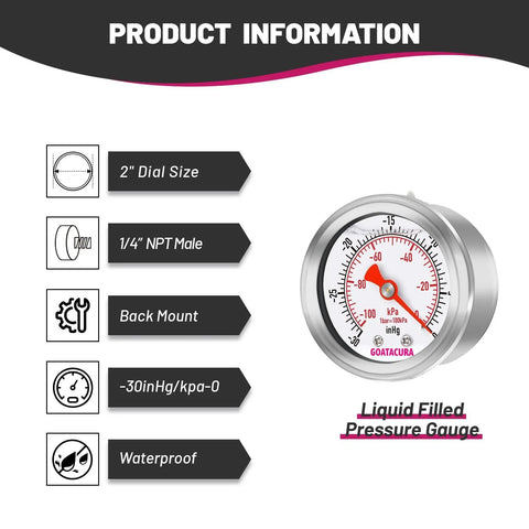 Glycerin Filled Vacuum Pressure Gauge For Pros 2 Inch Dial With 304 Stainless Steel Case And Quarter Inch NPT Center Back Mount Minus Thirty InHg To Zero kPa Range High Accuracy For Vacuum Pumps Tanks And Systems