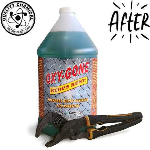 Easy Spray On Rust Remover And Metal Treatment For Metal Surfaces Oxy Gone By Quality Chemical 128 Oz Combo bottle with pliers