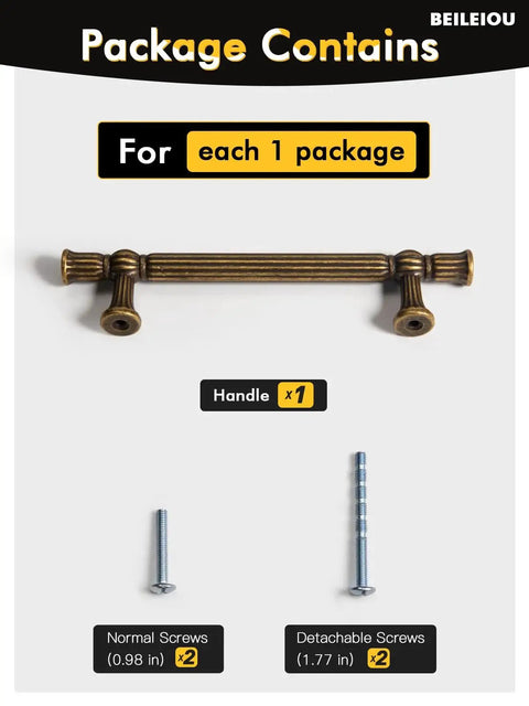 Package contents for Antique Brass Cabinet Pulls With Three And Three Quarters Inch Hole Centers Zinc Alloy Classic Vintage Drawer Handles.