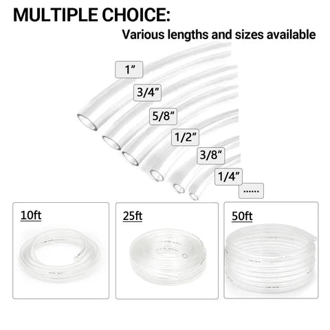 Various sizes of see-through vinyl tubing including 3/4 inch inner diameter by 1 inch outer diameter, 50 feet Flexible PVC hose.