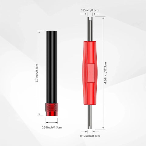 EVAP Service Port Adapter Kit With Valve Removal Tool For Fast Leak Testing On Automotive Smoke Testers Easy Connection Of Accessories Compatible With All Intake Port Systems Ideal For Quick Diagnostics And Time Saving Maintenance, showcasing black and red components with size details.