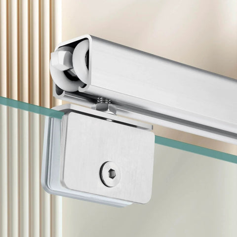 Close-up of Ultra Quiet Roller Sliding Glass Door Track Kit with aluminum ceiling-mounted rail and bracket